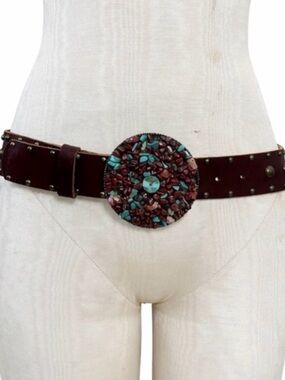 Vintage 90s Bebe Leather Studded Belt M/L Made in USA Southwest Mosaic Buckle